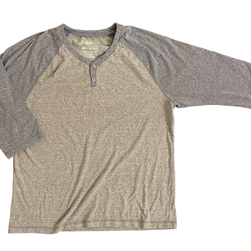 AMERICAN RAG Grey Blue Distressed Baseball Jersey Style Shirt Trendy Size XXL